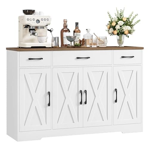 Image of HOCSOK Sideboard, 140cm Sideboard Storage Cabinet with 4 Barn Doors & 3 Drawers, Large Kitchen Cabinet with Adjustable Shelves, Cupboard for Living Room, Dining Room, White & Brown, 140x81x38.6 cm