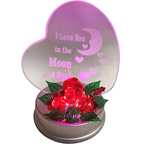 Image of Online Street Mom I Love You to The Moon and Back | Color Changing LED Light Glass Heart Shaped Wedding Gift with Flower Decorated Base for Wedding Gift, Grandma Gift, Friends Gifts