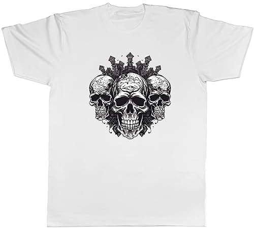 Image of Shopagift Triple Skull Head Mens T-Shirt Gothic Skeleton Face Tee Gift White