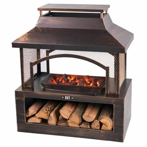 Image of KCT Outdoor Fireplace Garden Patio Fire Pit Wood Burner Bowl with Log Store