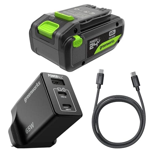 Image of Greenworks 24V 4Ah High Power USB-C Battery & 65W USB-C Charger & 100W cable, Li-Ion Battery Suitable for all 200+ Greenworks 24V devices, 2-year warranty - K2S4BEA