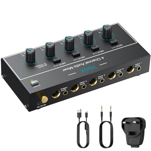 Image of YGiTK Mini Audio Mixer, 4 Channel Stereo Line Mixer 1/4" & 1/8" TSR Audio Output Input Jack, Line Mixer Stereo/Mono Independent Control and Switch for Guitars, Bass, Keyboards, Dynamic Microphone
