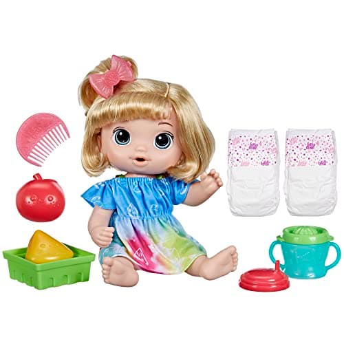 Image of Baby Alive Fruity Sips Doll, Apple, Toys for 3 Year Old Girls, 12-inch Baby Doll Set, Drinks & Wets, Pretend Juicer, Kids 3 and Up, Blonde Hair