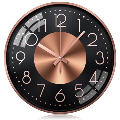 Image of October Elf 12 Inch Wall Clocks for Living Room Kitchen Modern, Battery Operated Silent Wall Clock, Wall Clock for Bedroom Round Aluminium Decorative Rose Gold