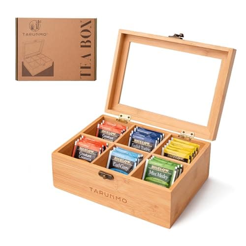 Image of TARUNMO 22x16x9cm Natural Bamboo Tea Organizer with Clear Acrylic Window 6 Compartments Storage Box