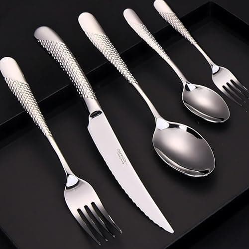 Image of DAFFODILY Luxury Cutlery Set 20 Piece 18/10 Stainless Steel Cutlery Set for 4 with 2-in-1 Steak Knives, Dishwasher Safe, Mirror Finished, Elegant Gift Box Included.