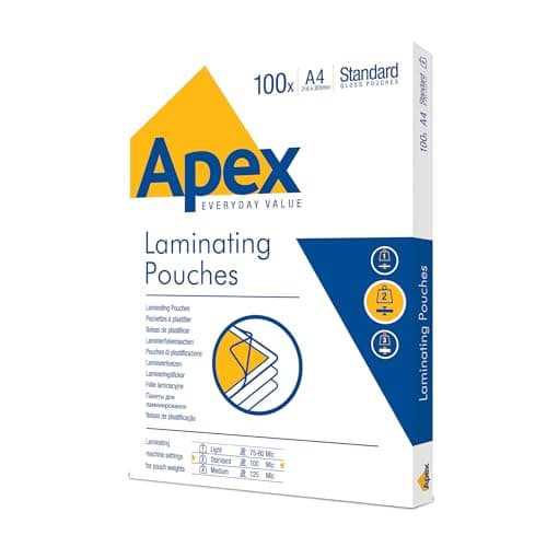 Image of Fellowes Apex A4 Laminating Pouches, Glossy Finish, 100 Sheets - Standard - Ideal for Notices, Photos, Creatives, Certificates and Everyday Use