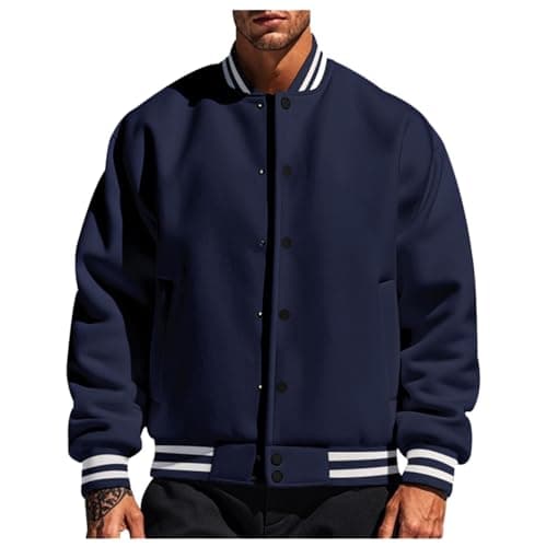 Image of Generisch Baseball Jacket Men's Stand-Up Collar Fleece Jacket College Varsity Sports Jacket Plain Button Down Transition Jacket Sporty Breathable Cardigan Casual Elegant Baseball Jacket, navy, L