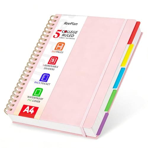 Image of ReePlan 360 Pages A4 Spiral Notebook, 5 Subject Notebooks College Ruled, 100 GSM Thick Paper Lined Journal, Large Note Book with Removable Dividers for School, Office, Work and Writing (Pink)