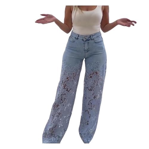 Image of Wide Leg Jeans for Women,Women's Lace Patchwork Hollow Jeans Straight Wide Leg Cut-Out Denim Pants High Waisted Vintage Hollow Out Sheer Flower Baggy Trousers with Pockets Trendy Ripped Streetwear