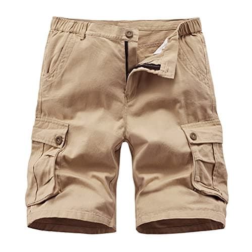 Image of iCKER Mens Multi-Pocket Cotton Shorts Camo Cargo Shorts Loose Fit Camouflage Short,Khaki,34