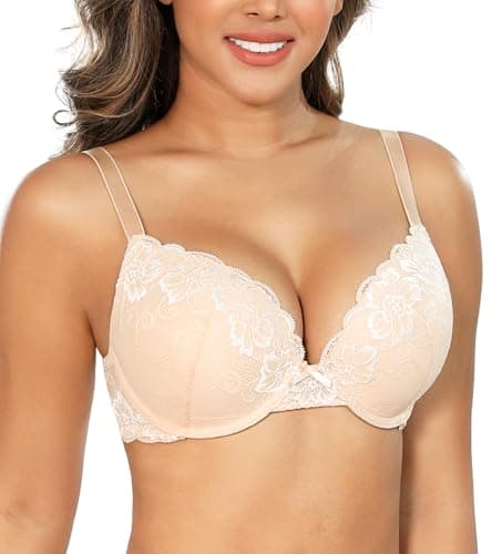 Image of Lemorosy Women's Plunge Push Up Bra Comfort Padded Underwire with Lace Flower(Beige,36A)