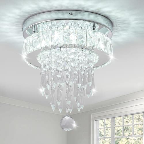 Image of Modern Crystal Chandelier Ceiling Light,4-Tier K9 Crystal & Stainless Steel Flush Mount LED Ceiling Light,Energy-Efficient Cool White Light for Bedroom Living Room Hallway Kitchen Lighting 9.8"