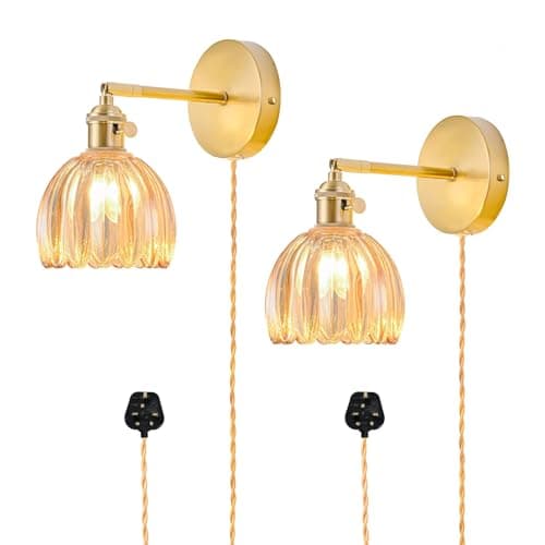 Image of NETHCUEL Plug in Wall Sconces Set of 2, Vintage Wall Lights with Tulip Amber Glass Lampshade, 180° Adjustable Wall Light with Switch and Plug in Wall Lamp Cord, Light Bulb Not Included