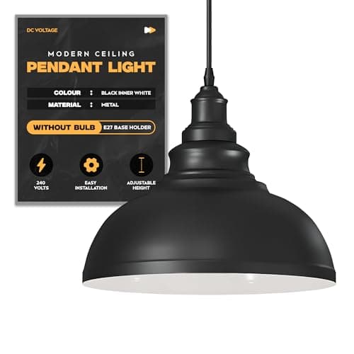 Image of Industrial Vintage Metal Shade Pendant Light Fittings Loft Bar Hanging Ceiling Light 29cm Easy Fit Light Shade Adjustable Cord E27 Pendant Island Kitchen Fixture (Black Inner White Without Bulb)