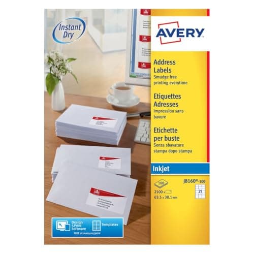 Image of Avery Smudge Free, Printable, Address Labels, Quickdry, 63.5 x 38.1 mm, White, 21 Labels per Sheet, 2100 Blank Labels per Pack (J8160-100)