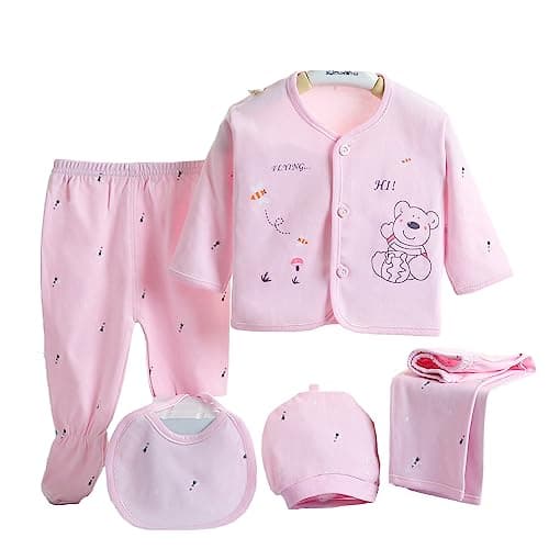 Image of Gajaous Baby Boy Girl's 5PCS Newborn Cotton Grow Top Hat Pants PlaySuit Sets Outfit, Pink #5, 0-3 Months