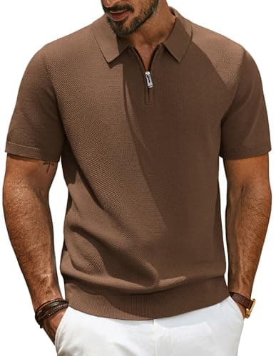 Image of PJ PAUL JONES Mens Polo Shirts Short Sleeve Quarter Zip Knitted T Shirt Golf Polo Brown L