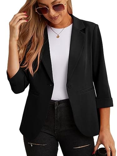 Image of GRECERELLE Women's Blazer Suit Elegant 3/4 Sleeve Jackets Business Casual Work Office Blazer Jacket Suiting & Blazers Cardigans with Pockets Button for Ladies (Black, 18)