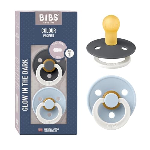 Image of BIBS Colour Glow Soother 2-Pack, Glow in The Dark BPA Free Dummy Pacifier, Round Nipple. Natural Rubber Latex, Size 1 (0-6 Months), Iron Night/Baby Blue Night