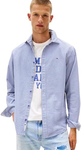 Image of Tommy Jeans Mens TJM Reg Oxford Check Ext Dm0dm22025 L/S Shirt, Blue (Soft Sapphire Check), M UK