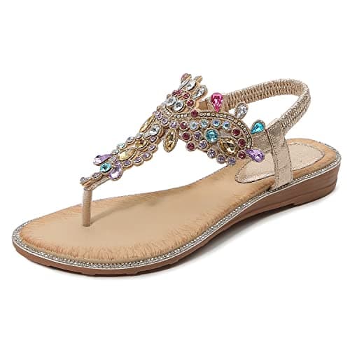 Image of iCKER Women's Flat Sandals Ladies Thong Flat Sandals Bohemian Beaded Strap Sandals Rhinestone Leather Sandals,9UK(label size 43),Gold S1