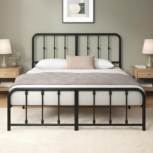 Image of Zinus Florence Double Bed Frame with Headboard - 4ft6 (135 x 190 cm) - 14'' Height - Metal Bed Base with Footboard - Steel Slat Support - Easy Assembly - Black