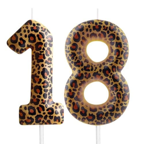 Image of Yiran Leopard Print Birthday Candles Number 18, Realistic Leopard Printing Birthday Number Candles, Wild Onez Zoo Animals Themed Candle Cake for Boys and Girls Gifts Anniversary Party Supplies