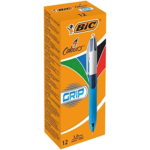 Image of BIC 4 Colours Grip Retractable Ballpoint Pens - Box of 12- Medium Point (1.0 mm) - Extra-Comfort Grip - Translucent Blue Barrel