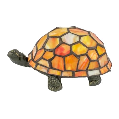 Image of Happy Homewares Quirky Orange and Amber Stained Glass Tiffany Tortoise Table Lamp | Antique Bronze Metal Body | 19cm x 14cm x 10cm