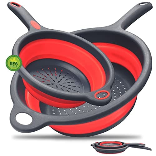 Image of Walfos Silicone Pasta Colander - Collapsible Colander with Handle Set, Set of 2, Space-Saving Kitchen Strainers, 1.5 Quart, 2 Quart, BPA Free ＆ Dishwasher Safe, for Pasta, Vegetables, Fruits (Red)