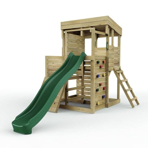 Image of Rebo 2 Tier XL Lookout Tower Playhouse | with 9ft Slide | Ladder | Pressure Treated Timber, Safe for Children | OutdoorToys | Climbing Wall |