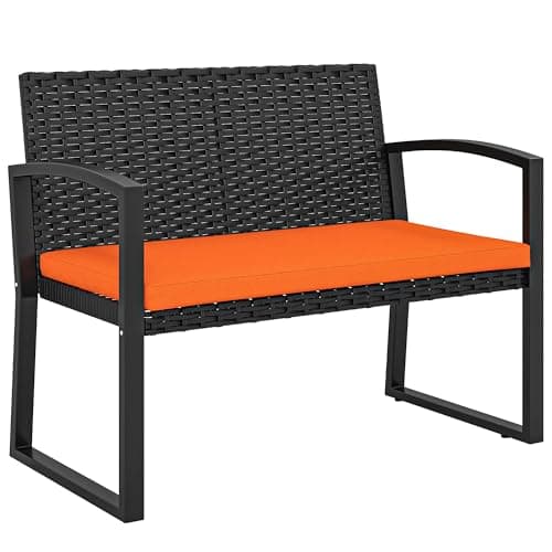 Image of Outsunny 2 Seater Rattan Garden Bench, Outdoor Bench with Cushion, PE Wicker Garden Loveseat with Armrests, Galvanised Steel Frame for Patio, Park, Orange