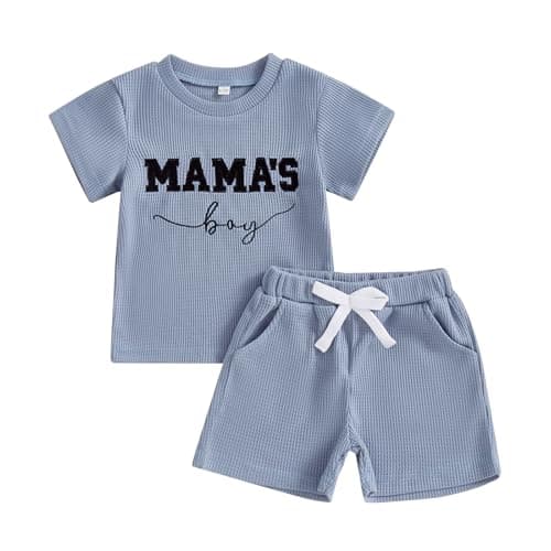 Image of Carolilly Toddler Boy Summer Clothes Crew Neck MAMA'S BOY Fuzzy Letter Embroidery Short Sleeve T-Shirt with Elastic Waist Shorts 2Pcs Baby Boys Clothing Sets (Navy Blue, 6-12 Months)