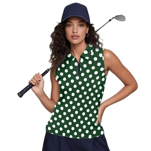 Image of Drnuikhe Green and White Polka Dot Print Women‘s Sleeveless Golf Polo Shirt Zipper Up Collard Tummy Control for Courtyard Office Casual Wear Green