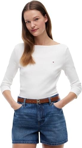 Image of Tommy Hilfiger Women’s Long Sleeve Slim Fit New Cody Top with Boat Neck, White (Nos Ecru), XS