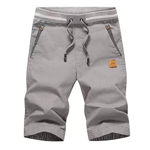 Image of JustSun Mens Shorts Summer Casual Shorts with Pockets Chinos Cotton Elastic Waist Grey Medium