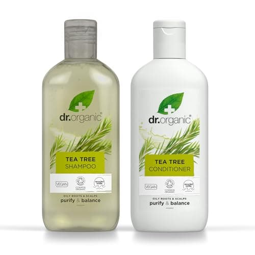 Image of Dr Organic Tea Tree Shampoo & Conditioner Set with Travel Bag, Purifying, Oily Roots Natural, Vegan, Cruelty-Free, Paraben & SLS-Free, Recyclable & Recycled Ocean Bound Plastic, Organic, 265ml