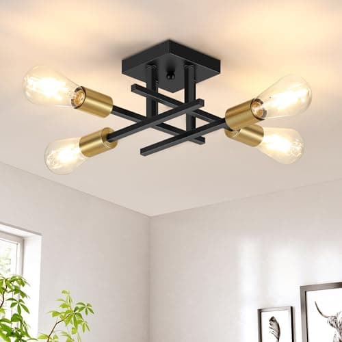 Image of Gbood 4-Lights Sputnik Chandelier Modern Semi Flush Mount Ceiling Light for Bedroom Lighting, Industrial Kitchen Light Fixture Ceiling Mount for Dining Room Hallway Living Room(Black with Gold)