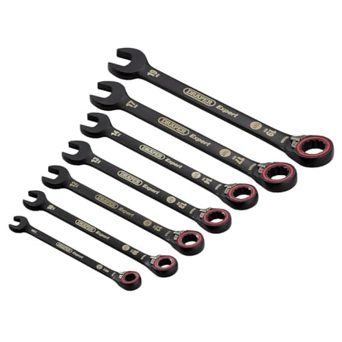 Image of Draper 03911 Expert HI-TORQ Metric Reversible Ratchet Combination Spanner Set, Black (7 Piece)
