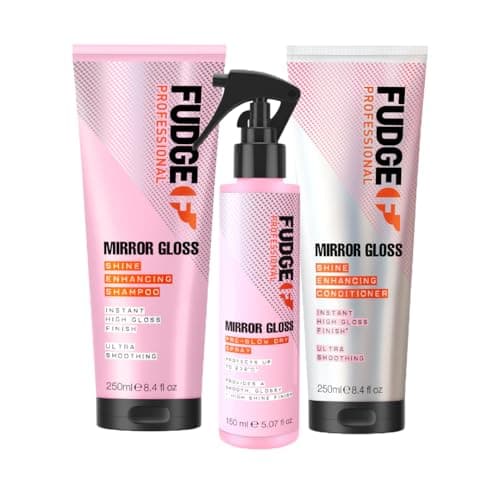 Image of Fudge Professional Mirror Gloss Ultra-Shine Haircare Set - Shampoo, Conditioner, & Pre-Blow Dry Spray - High Shine Finish & Frizz Control for Smooth, Glossy Hair