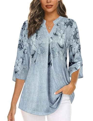 Image of Flikity Ladies Tops 3/4 Sleeve Blouses for Womens UK Professional Work Tunics Tops Notch V Neck Dress Shirts Business Casual Tops Formal Attire No Wrinkle Grey Floral X-Large