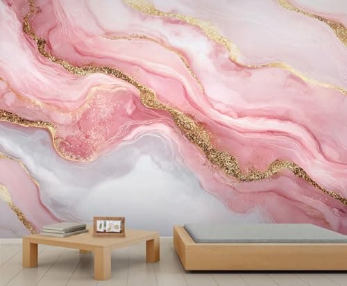 Image of Pastel Pink Marble Murals Golden Glitter Cracked Lines Wallpaper for Walls Abstract Liquid Fluid Ink Art Wallpaper Romantic Pink Marble Texture Kids Bedroom Living Room Boys Room Mural Poster