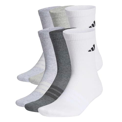 Image of adidas Unisex CUSHIONED CREW SOCKS 6 PAIR PACK, white/light grey heather/medium grey heather/dark grey heather, 8.5-10