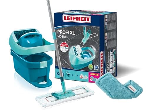 Image of Leifheit Profi XL Mop and Bucket Set, Static Plus Wiper Cover, Deluxe 42cm Microfibre Mop Head and Dusting Head, Profi Wringer Bucket with Rollers, Turquoise