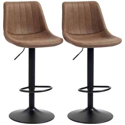 Image of HOMCOM Modern Bar Stools Set of 2, Height Adjustable Swivel Bar Chairs with Backrest, Gas Lift and Footrest, Leathaire Barstools for Breakfast Counter, Kitchen Island, Brown