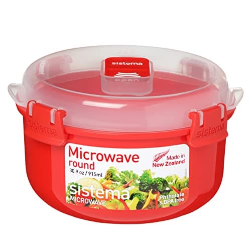 Image of Sistema Microwave Round Bowl | 915 ml Food Container with Steam Release Vent | BPA-Free | Red/Clear