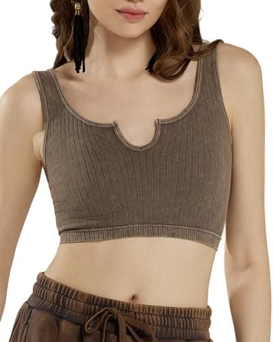 Image of noflik Seamless Ribbed Knit Bralette for Women Ribbed Stretch Crop Tank Casual Yoga Bra, #Int1058 / Chocolate, M