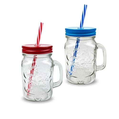 Image of Pack of 2 Mason Jars with Handles, 500 ml Durable Drinking Glasses with Lids, Straws – Perfect for Cold Beverages Including Juices and Smoothies – Ergonomic and Comes in Attractive Hues and Designs