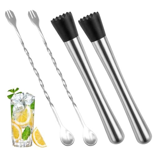 Image of 2pcs 25cm Cocktail Muddler and 2pcs 26cm Spoons, Bar Tool Set with Stainless Steel Muddlers and Long Spoons, Professional Cocktail Making Kit for Home Bartenders and Party Hosts